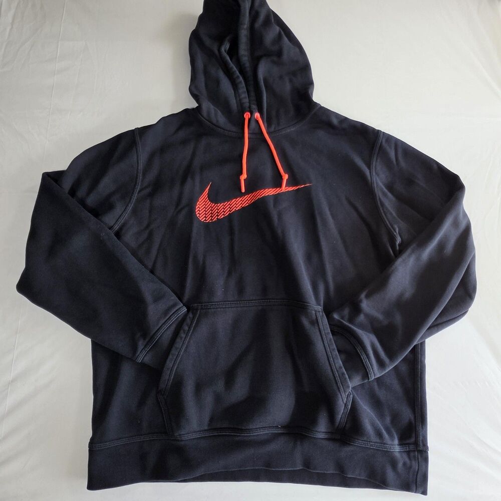 Nike Hoodie Mens XL Black Pullover Sweatshirt Red Swoosh Logo Graphic Athletic